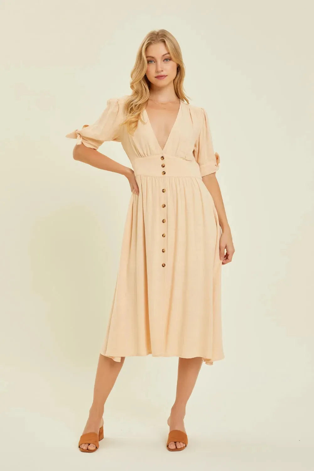 HEYSON Full Size Textured Linen V-Neck Button-Down Midi Dress Cream Casual Dresses - Tophatter Daily Deals
